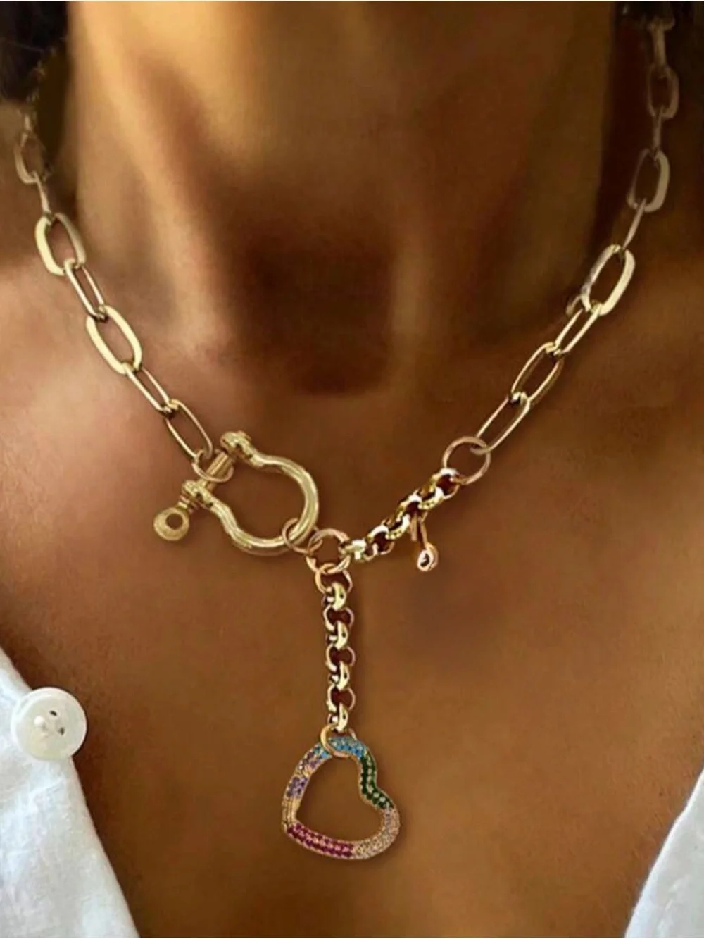 Western Horseshoe Necklace Gold Heart Pendant Link Chain Necklace